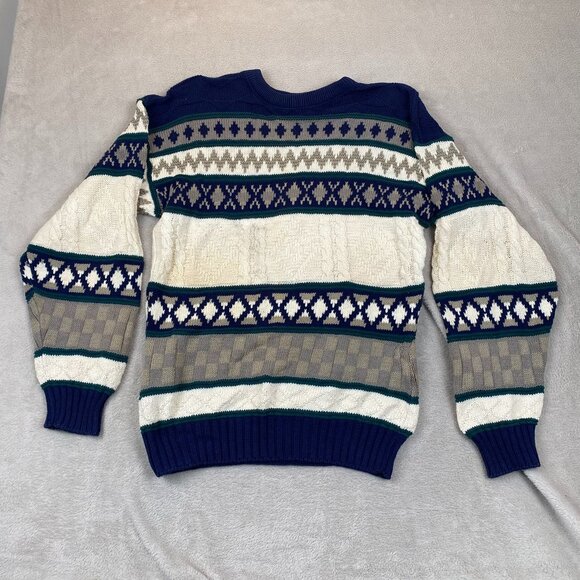 Vintage American Hero Mens Sweater Crew Neck Cable Knit Pullover Blue Geo Stripe - Picture 9 of 10